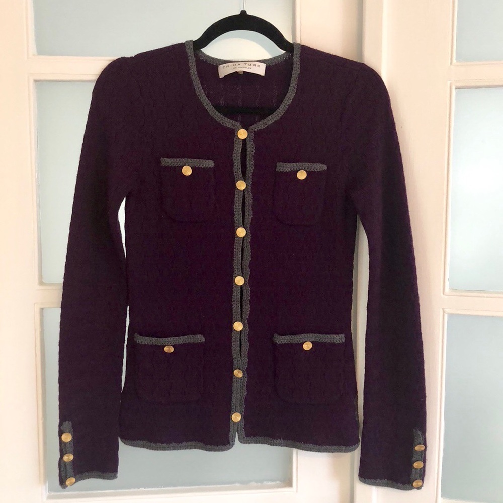 Trunk Turk wool cable knit purple cardigan.